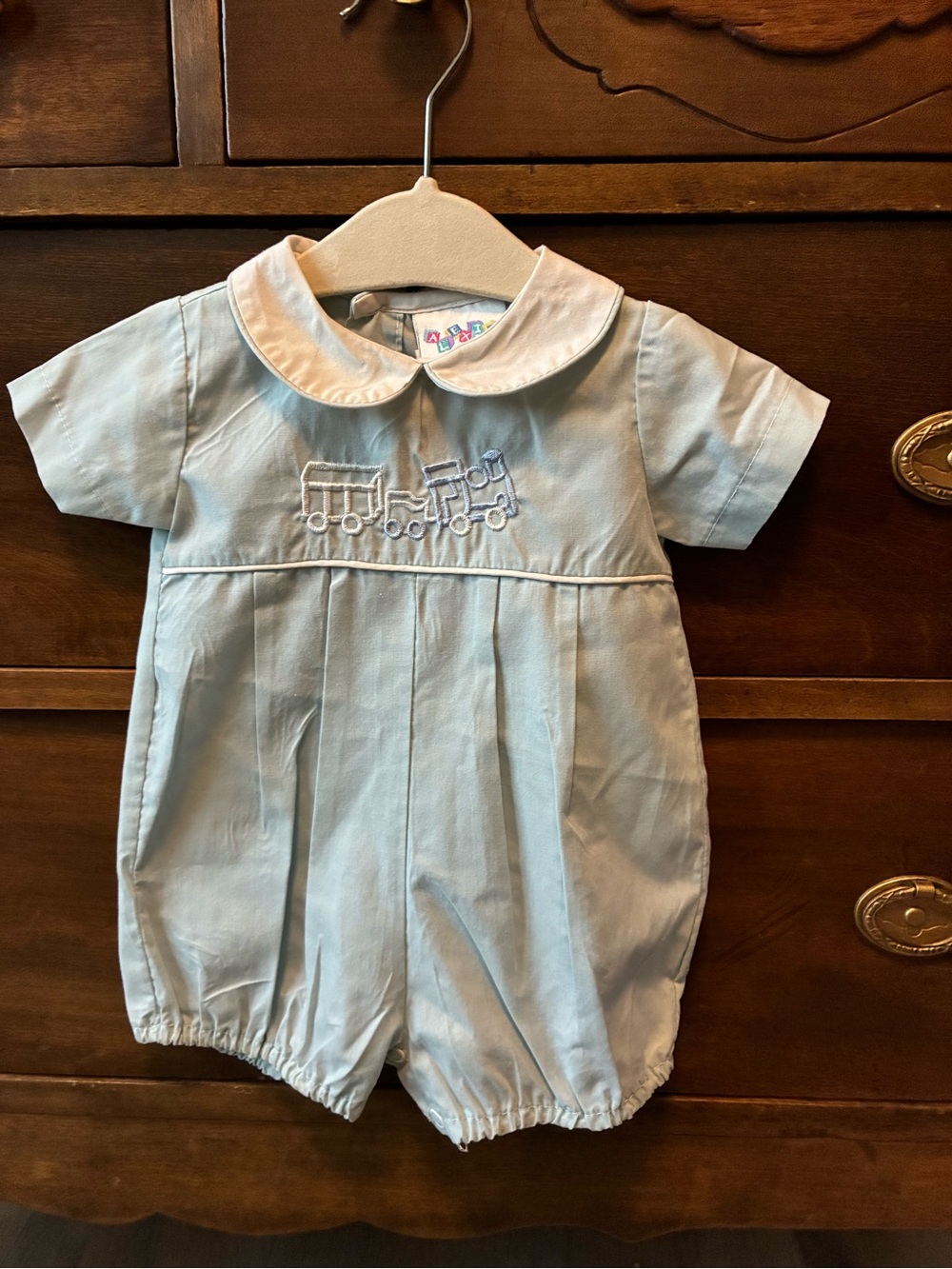 Alexis Light Blue & White Train Embroidered Baby Romper